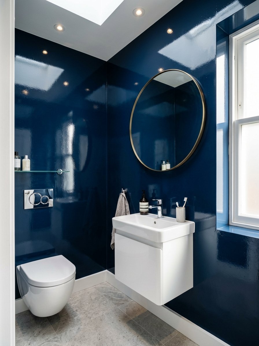 A small restroom featuring dark blue reflective walls, a round brass mirror, and a wall-mounted white sink.