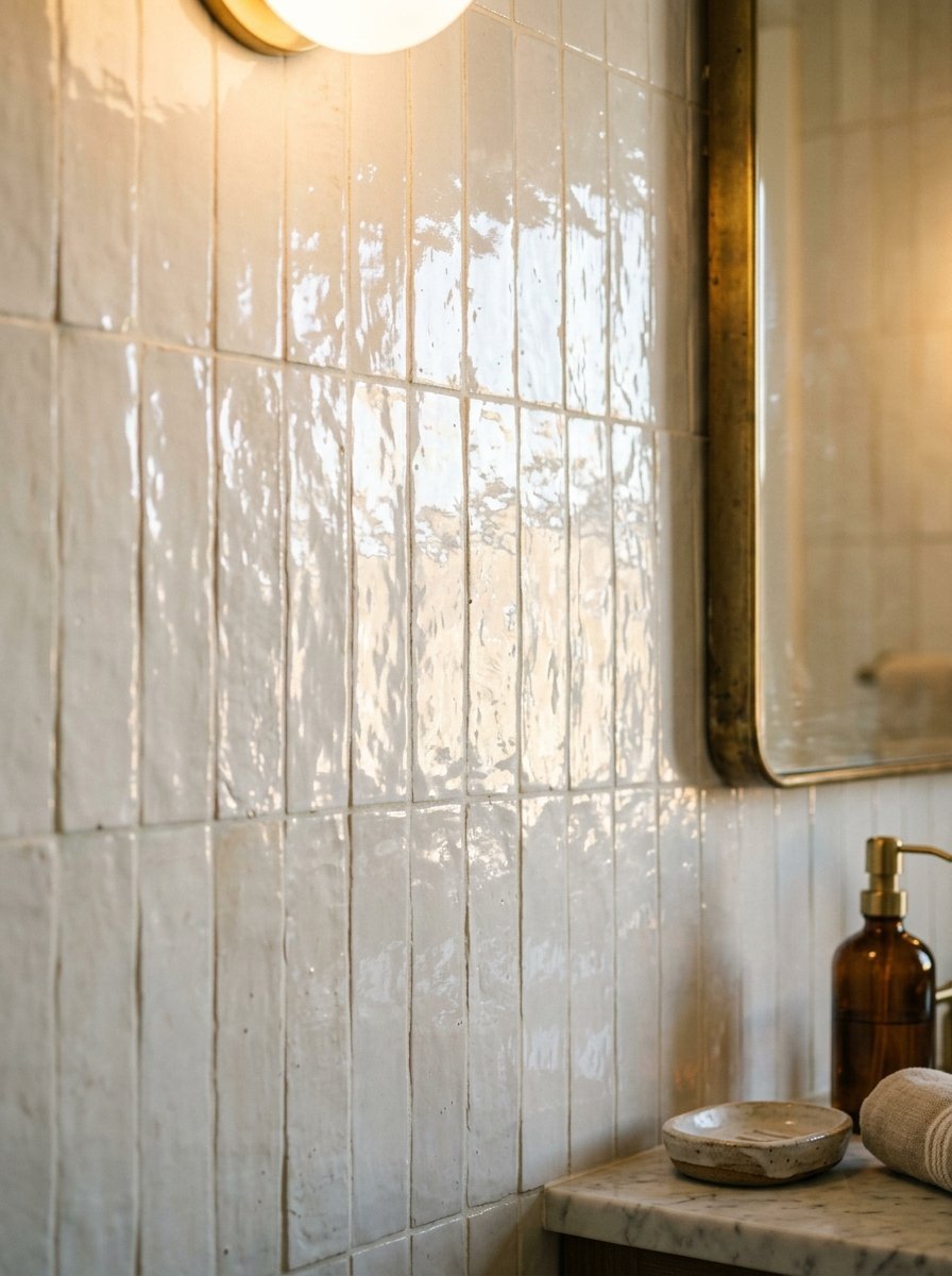 Close-up of white handmade-style wall tiles in a bathroom with a marble vanity and brass mirror.