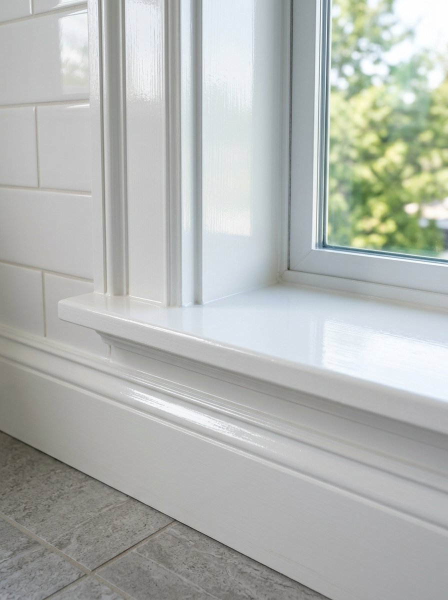 Close-up of a white painted window sill and molding against tiled wall.