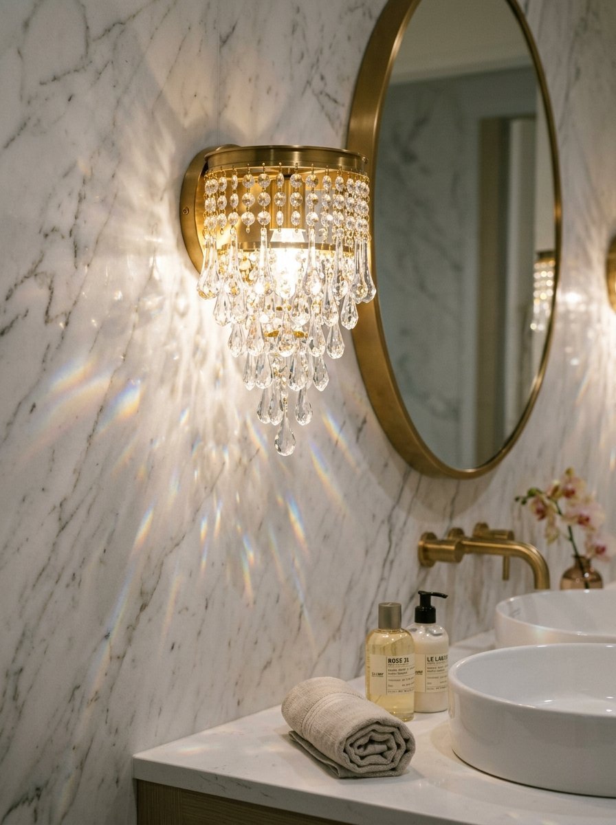 A brass wall light with dangling crystals reflecting rainbow patterns on a white marble bathroom wall.