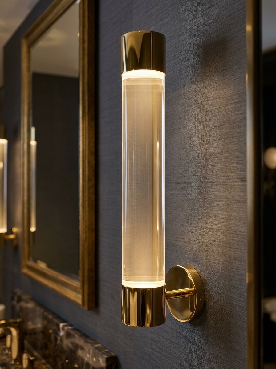 Close-up of a contemporary vertical wall sconce featuring polished brass accents and a frosted glass tube.