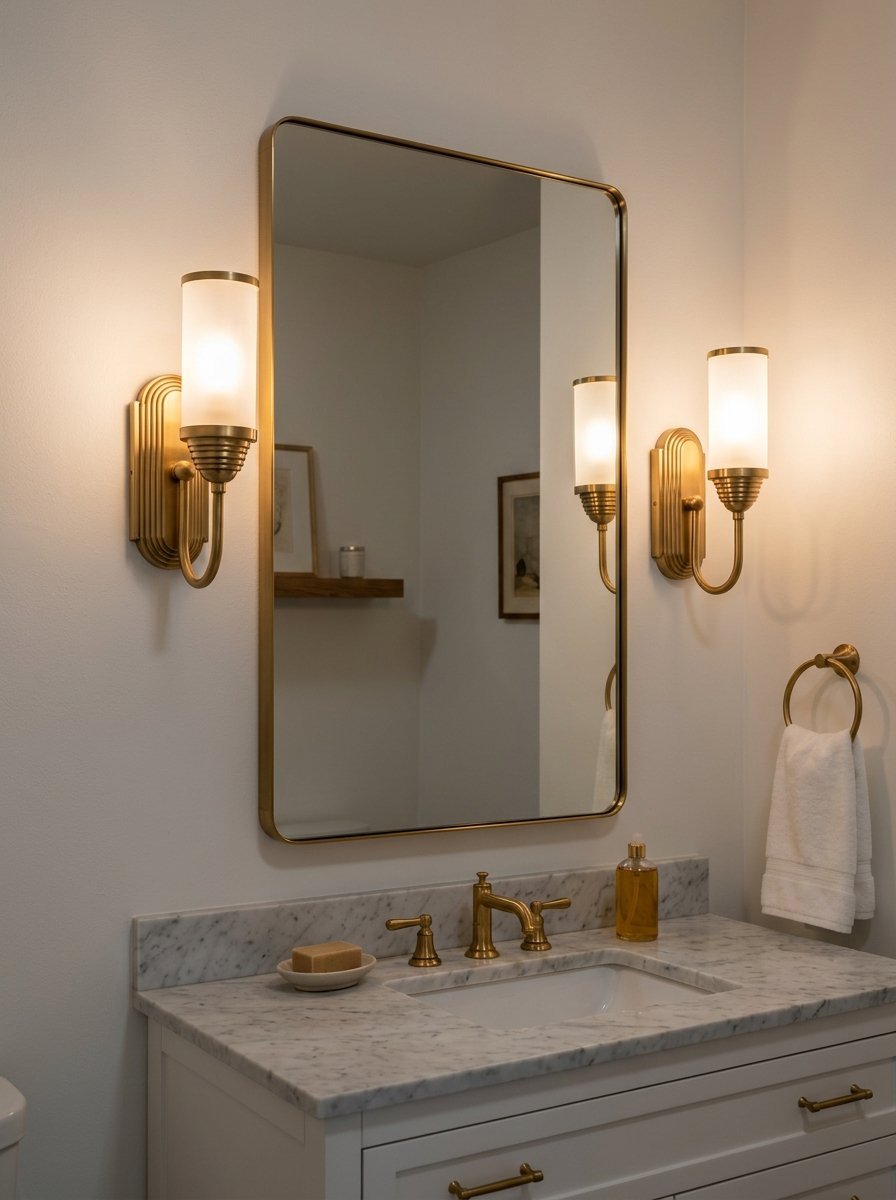 A white bathroom vanity featuring a gold-framed mirror flanked by two glowing cylindrical wall sconces.