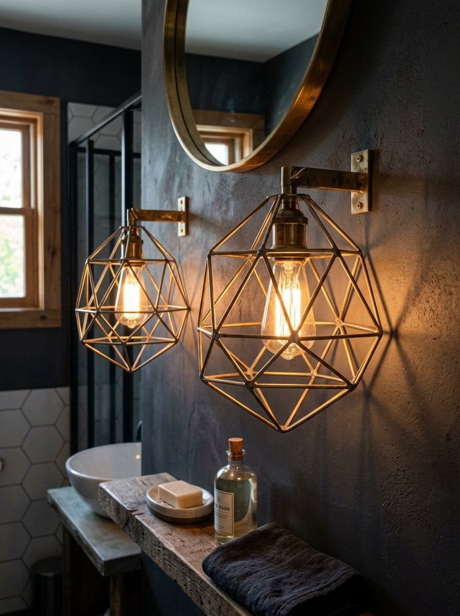 Modern hanging wire cage light fixtures mounted on a dark charcoal bathroom wall near a mirror.