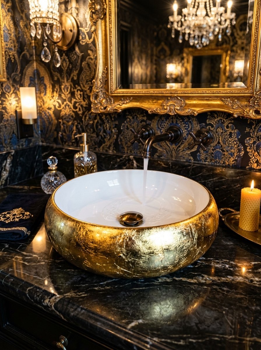Round basin with a shimmering gold exterior and white interior sitting on a black marble vanity.
