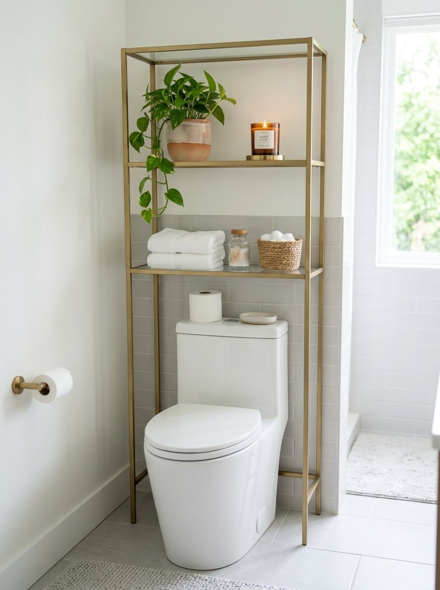 Tall gold étagère shelf filled with towels, a plant, and accessories behind a white toilet in a bright bathroom.