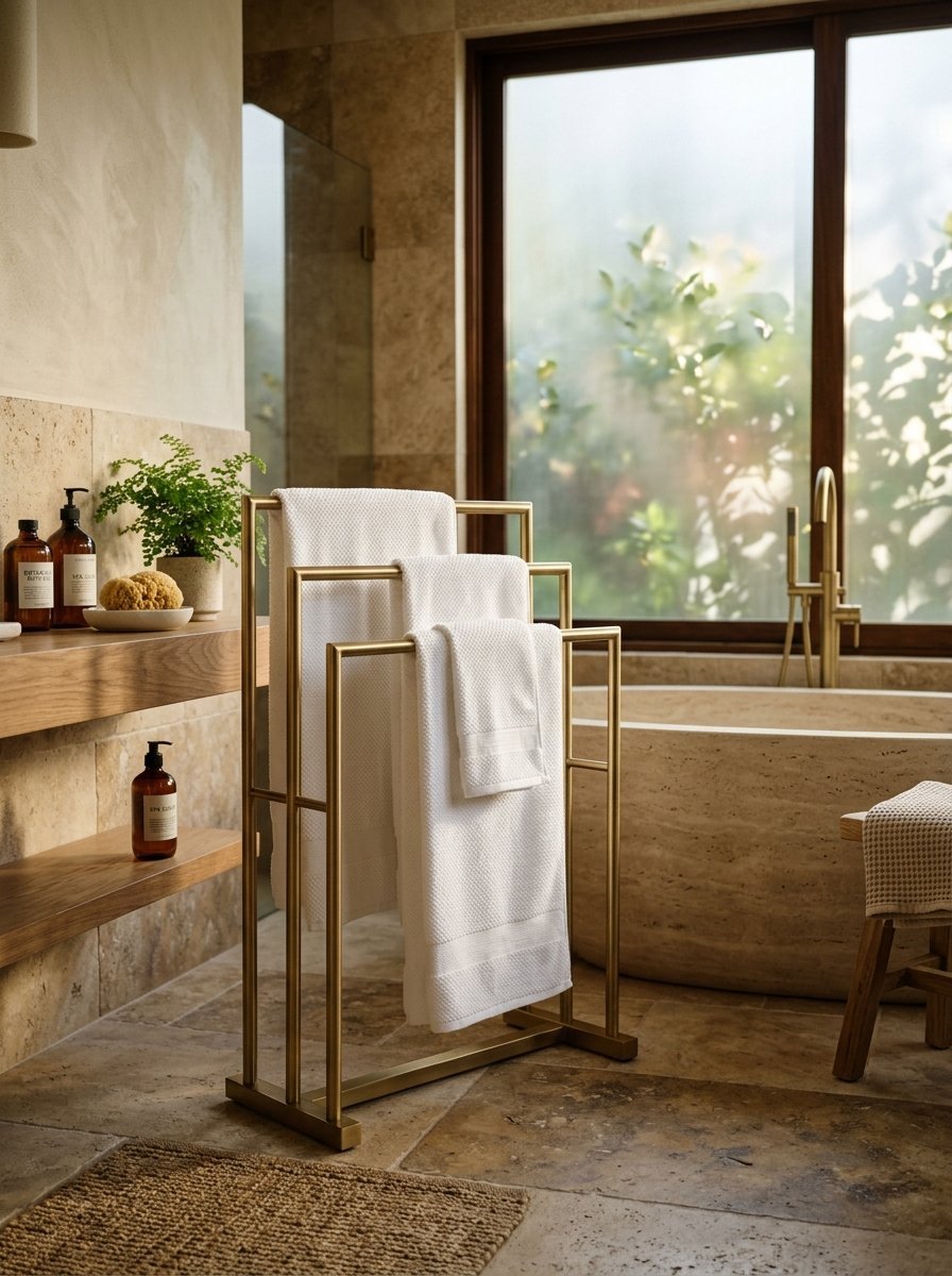A brass towel stand holding white bath linens in a luxury bathroom with travertine tile and a stone tub.