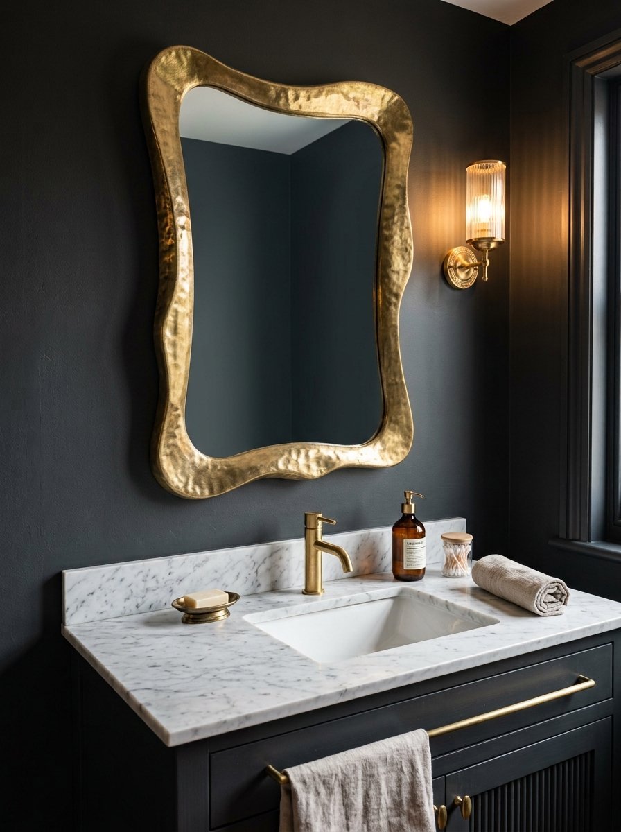 A bathroom vanity with a white marble top, gold faucet, and a large organic shaped gold mirror on a dark wall.
