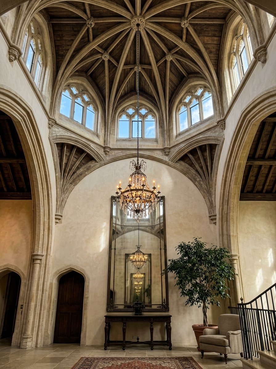 An elegant interior with a tall vaulted stone ceiling, ornate chandelier, large mirror, and a houseplant.