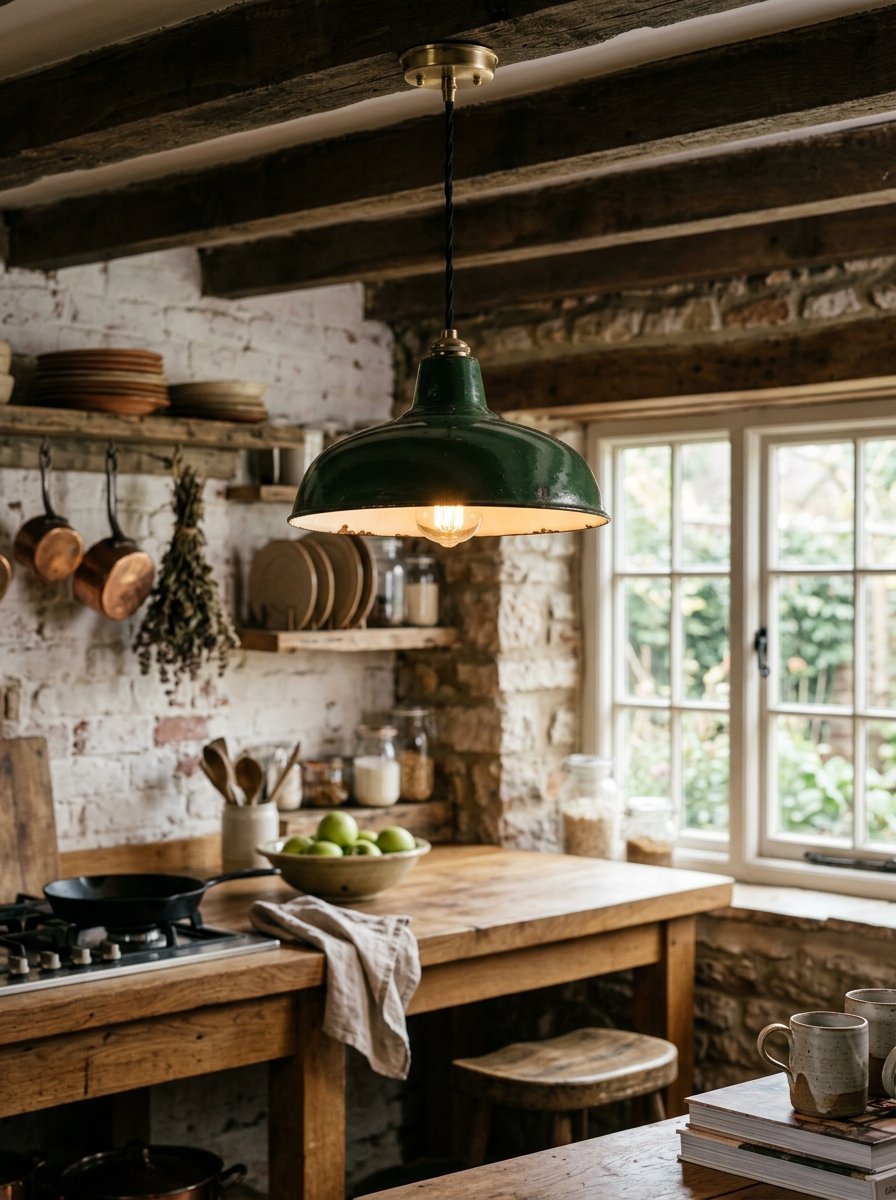 A vintage style green metal lamp shade hanging above a wooden kitchen worktop with exposed brick walls.