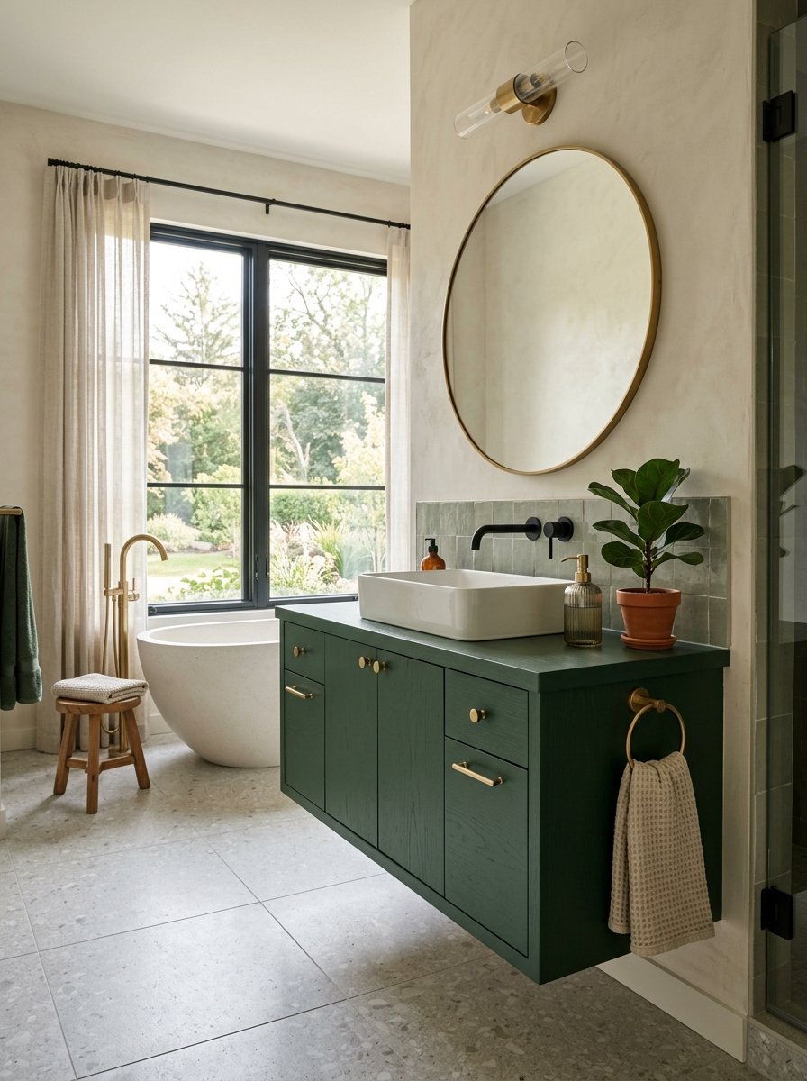 Modern bathroom with a green wood vanity, round gold mirror, and a freestanding tub by a large window.