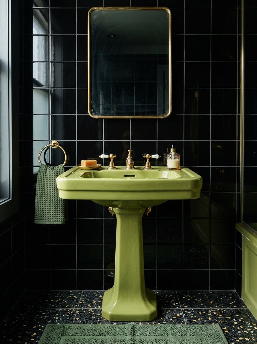 Olive green pedestal sink with brass fixtures in a bathroom with dark square tiles and a gold-rimmed mirror.