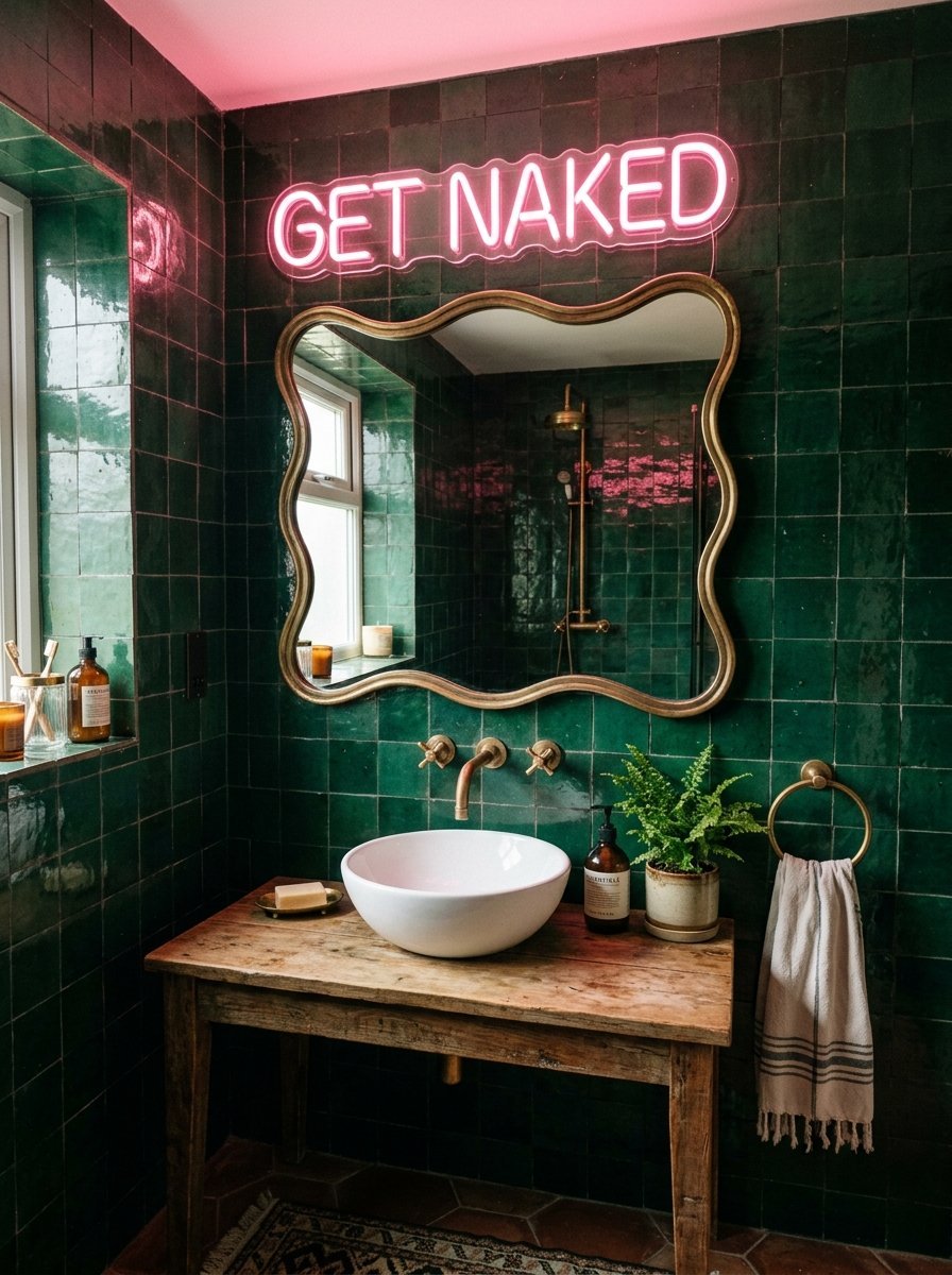 A rustic vanity with a white vessel sink sits in front of dark green tiled walls and a pink Get Naked neon sign.
