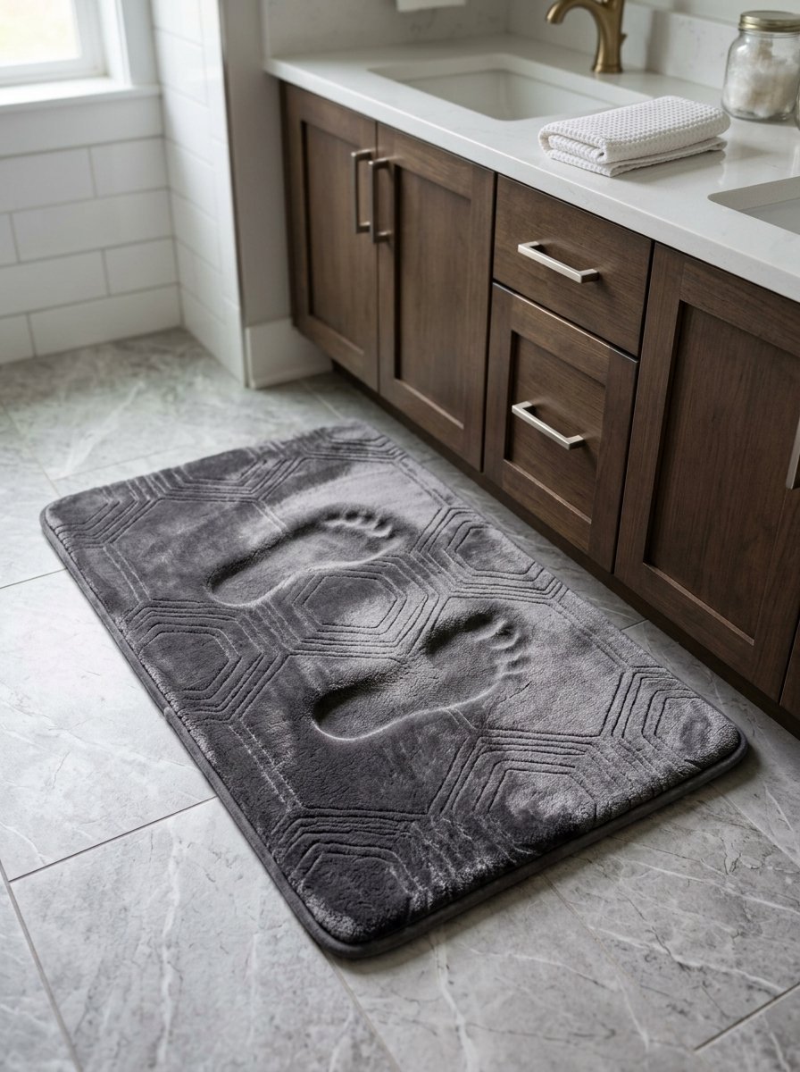 A rectangular dark grey bath mat with indented footprints on a tiled bathroom floor.