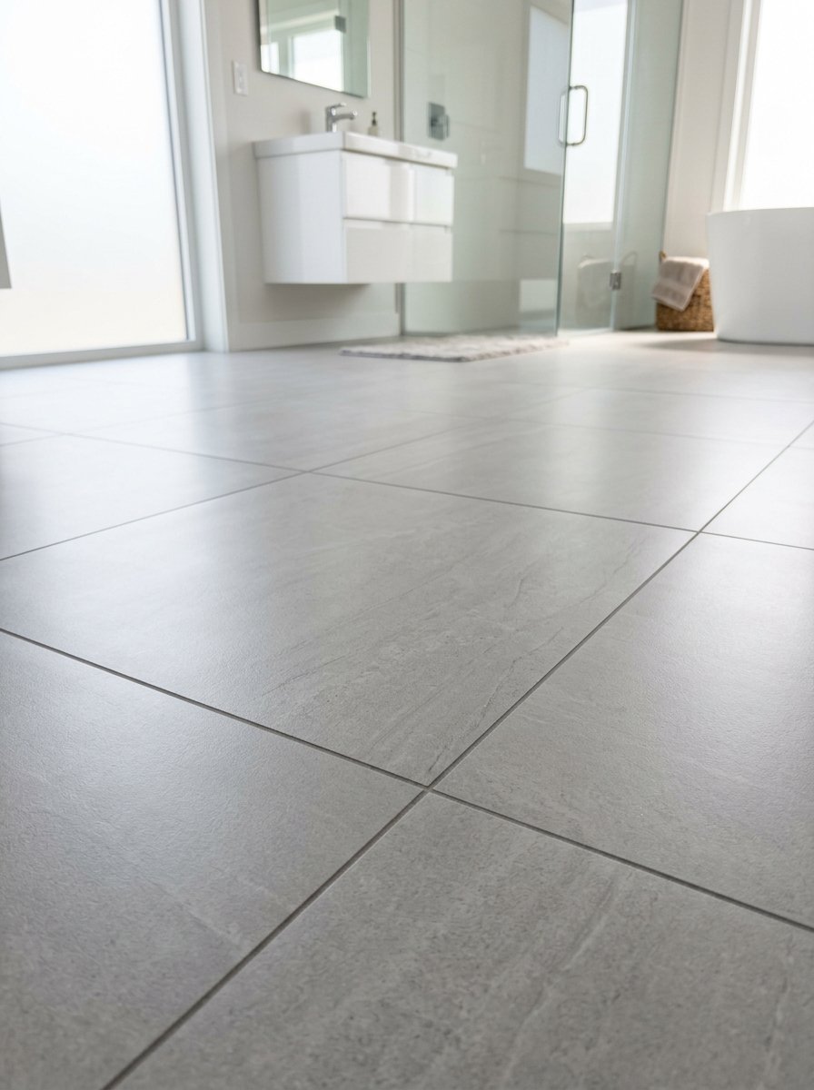 A low angle shot looking across a light grey tiled floor in a modern, minimalist bathroom interior.