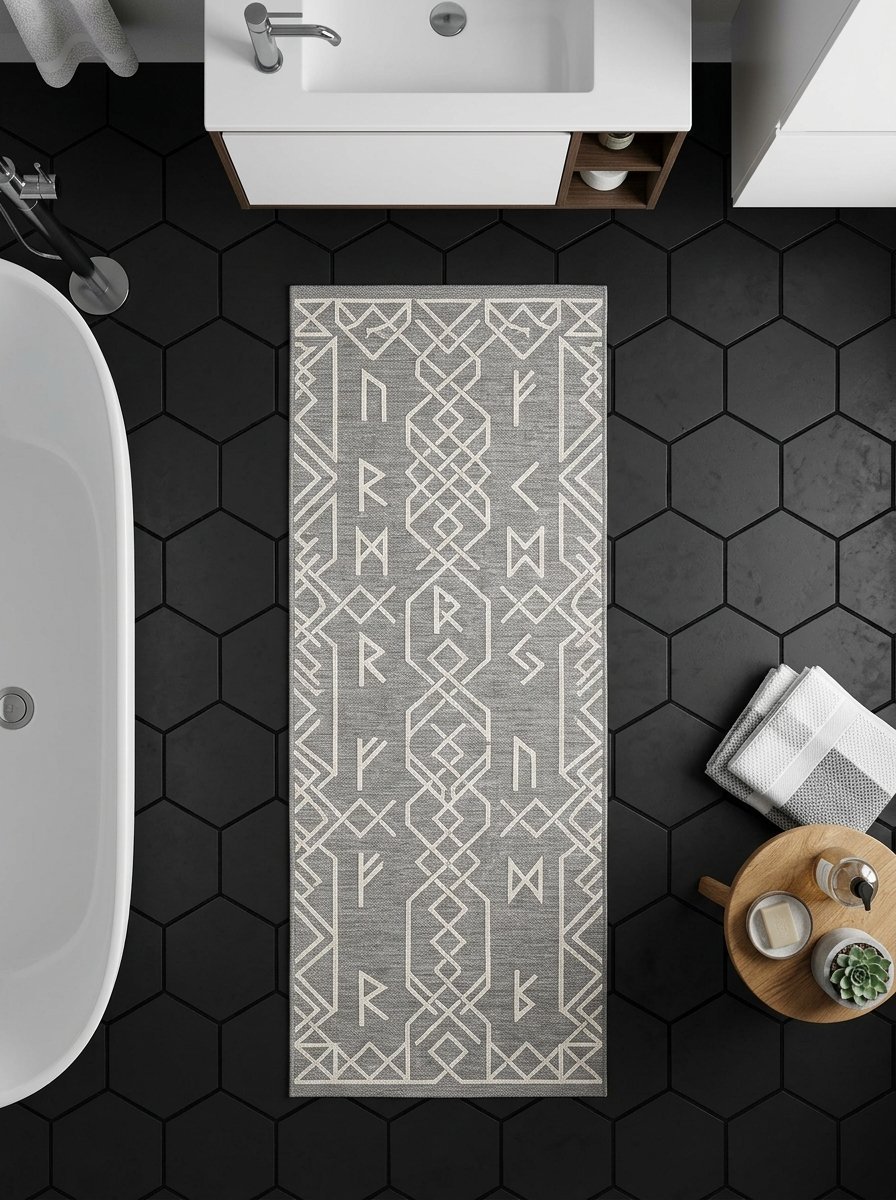 Overhead view of a rectangular grey rug with Norse-style runic designs laid on a black hexagonal tile floor.