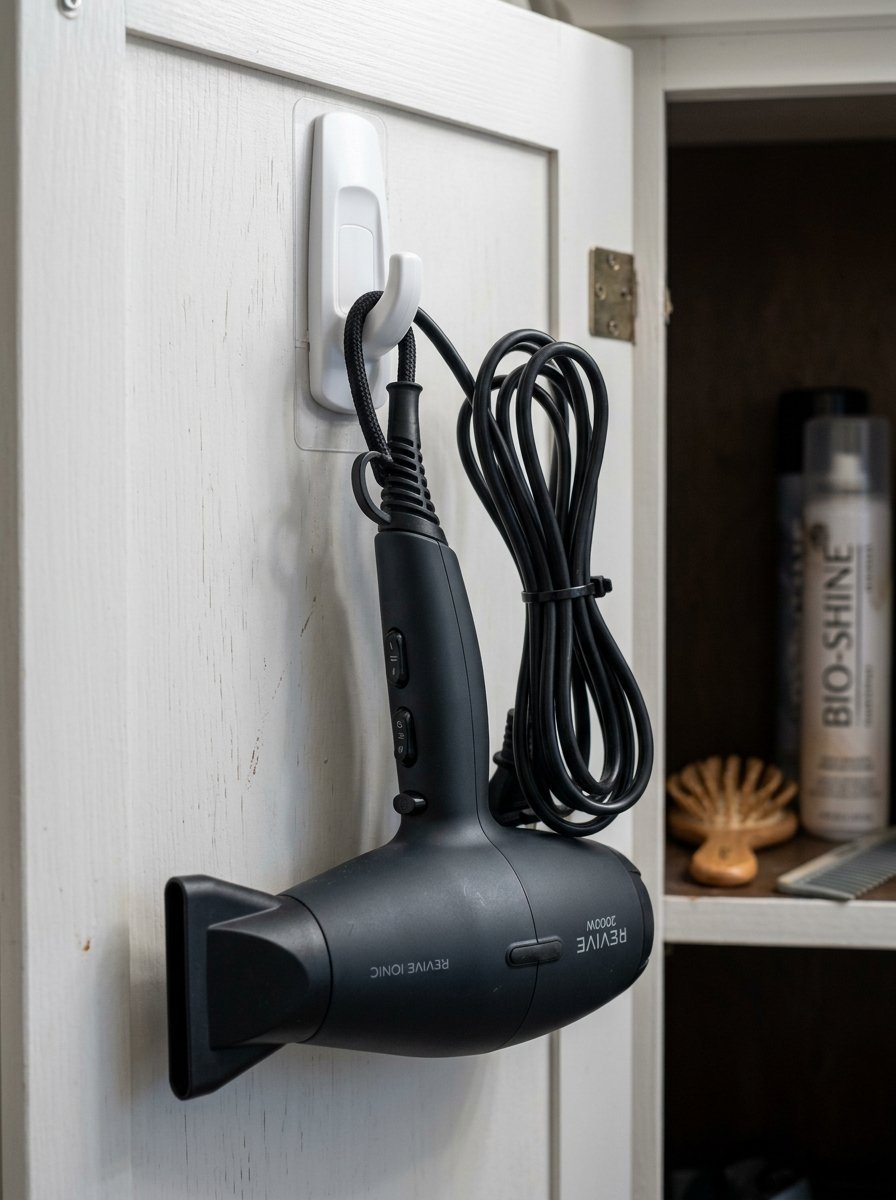 A matte black hair dryer with a coiled cord suspended from a white Command-style hook on a wooden cabinet door.