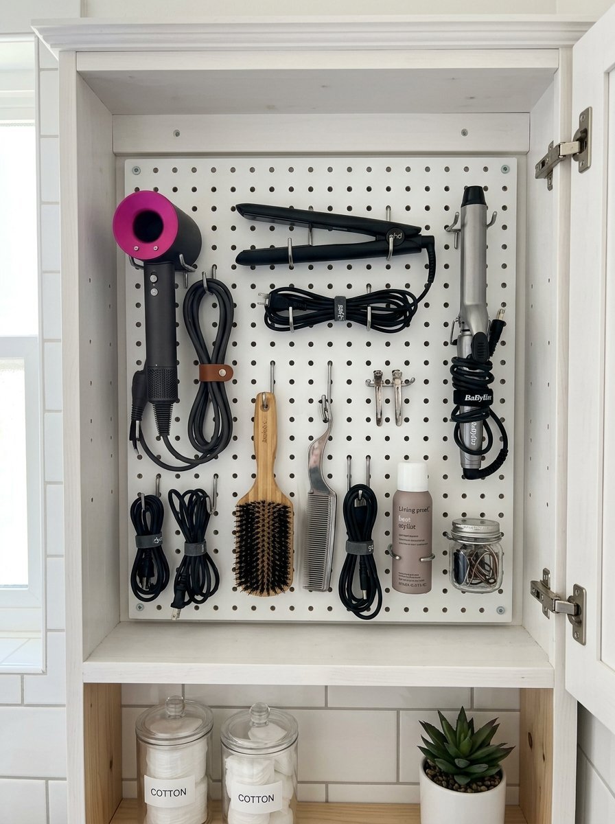 A white bathroom cabinet interior featuring a pegboard holding a hair dryer, straightener, curling iron, brushes, and cords.