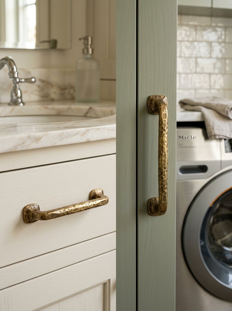 Close up of textured brass drawer and door pulls mounted on a sage green cabinet panel next to a vanity.
