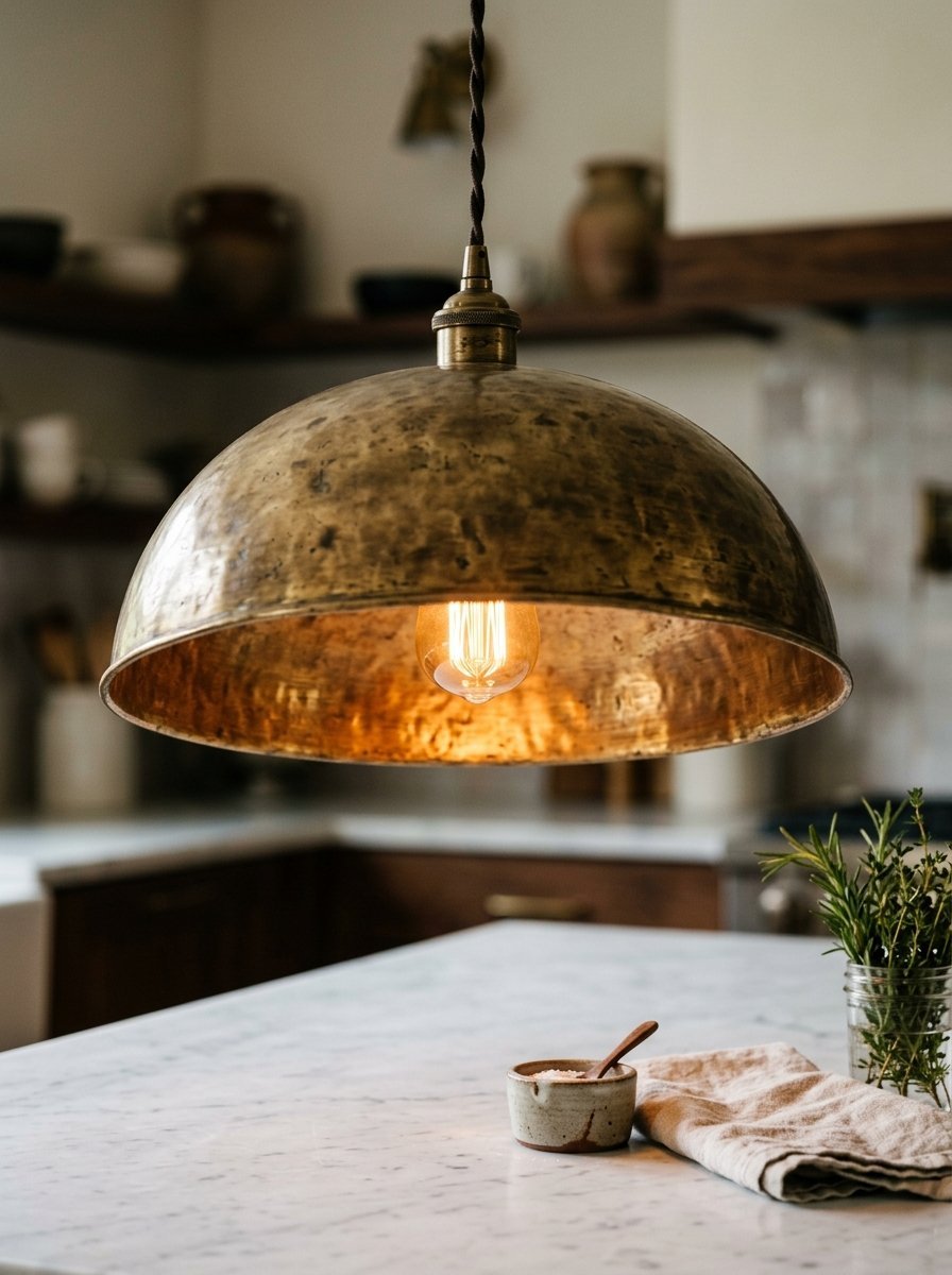 Close-up of a rustic metal dome pendant light illuminating a marble countertop with a small bowl of salt and fresh herbs.