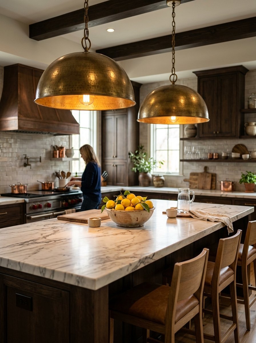 Two rustic metal pendant lights illuminate a marble kitchen island with a bowl of fresh lemons.