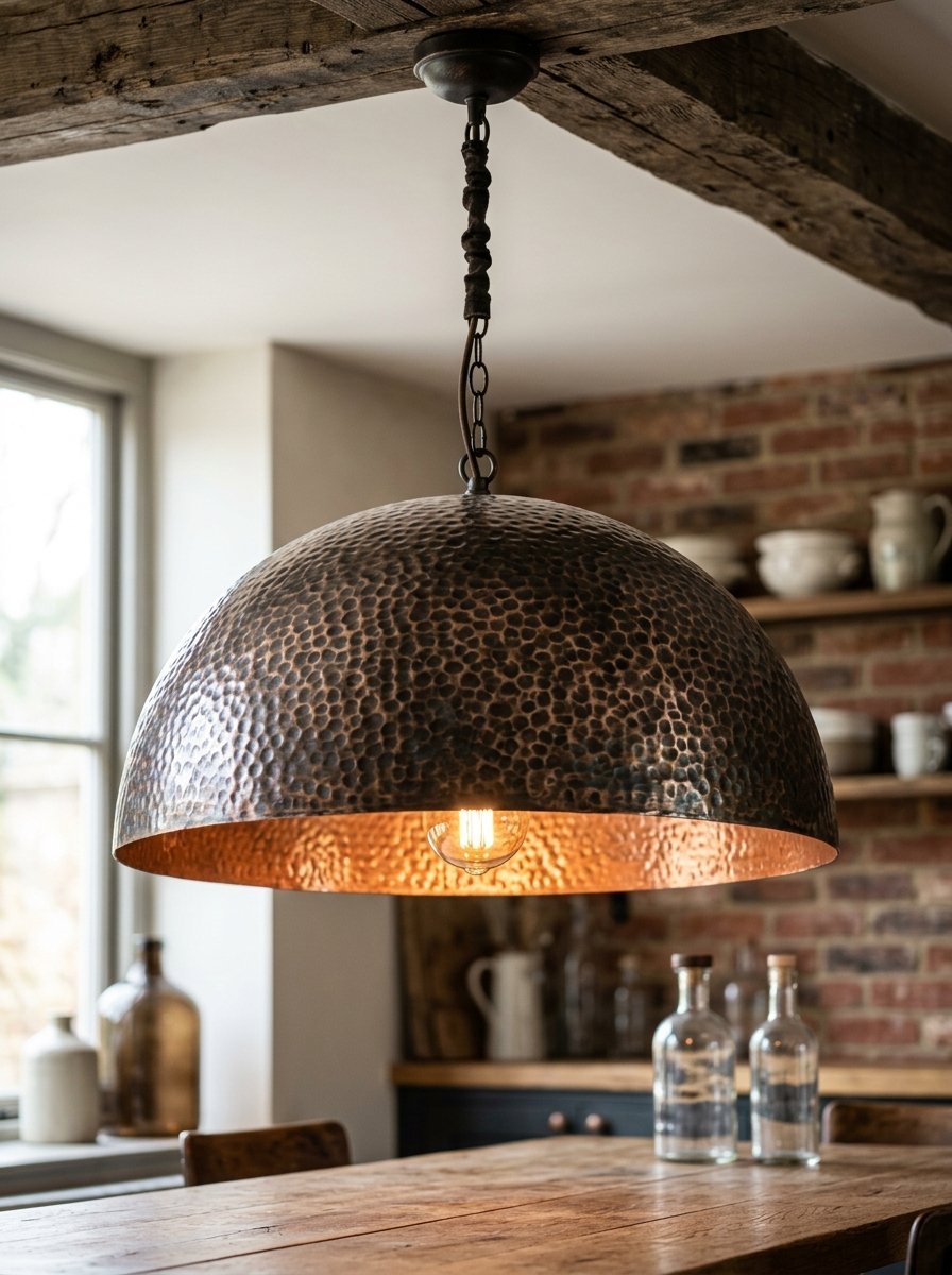 A large, textured copper dome light fixture hanging from a wooden ceiling beam over a dining room table.