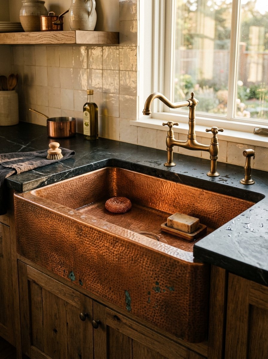 Hammered copper farmhouse sink with a brass faucet set in a dark stone countertop.