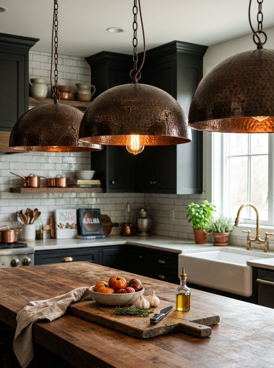 Close up of three rustic copper dome light fixtures illuminating a kitchen island with fresh produce.