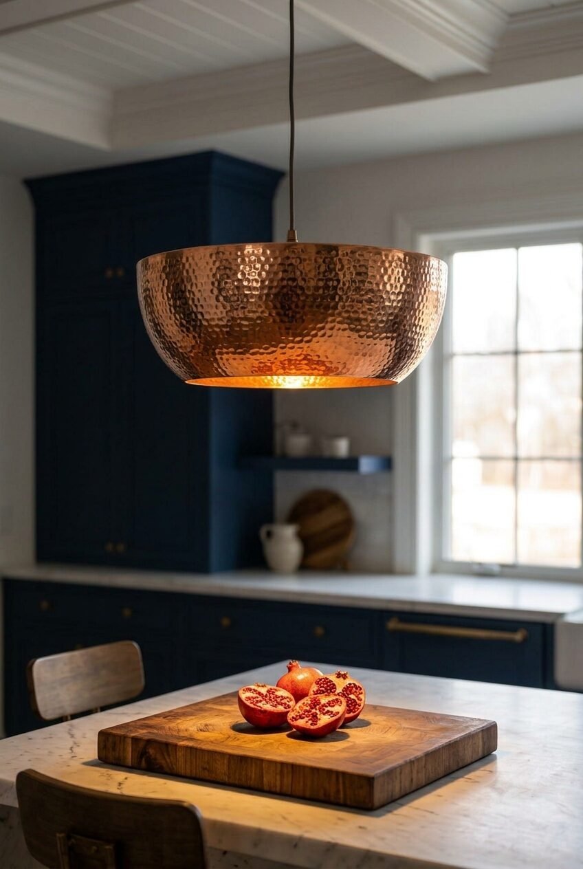 Close up of cut pomegranates on a wooden cutting board under a metallic bowl-shaped light fixture.