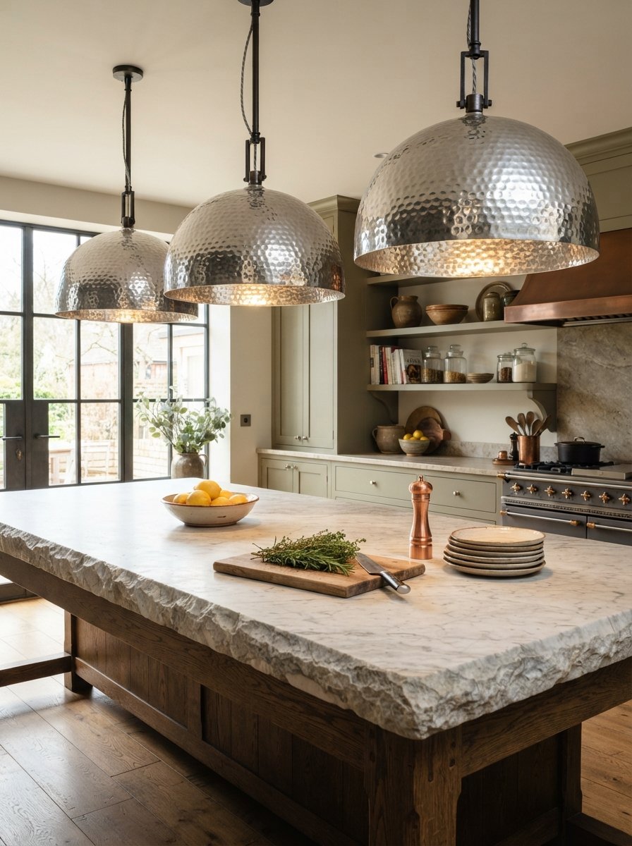 Large metallic dome pendant lights hanging over a natural stone slab island in a farmhouse style kitchen.