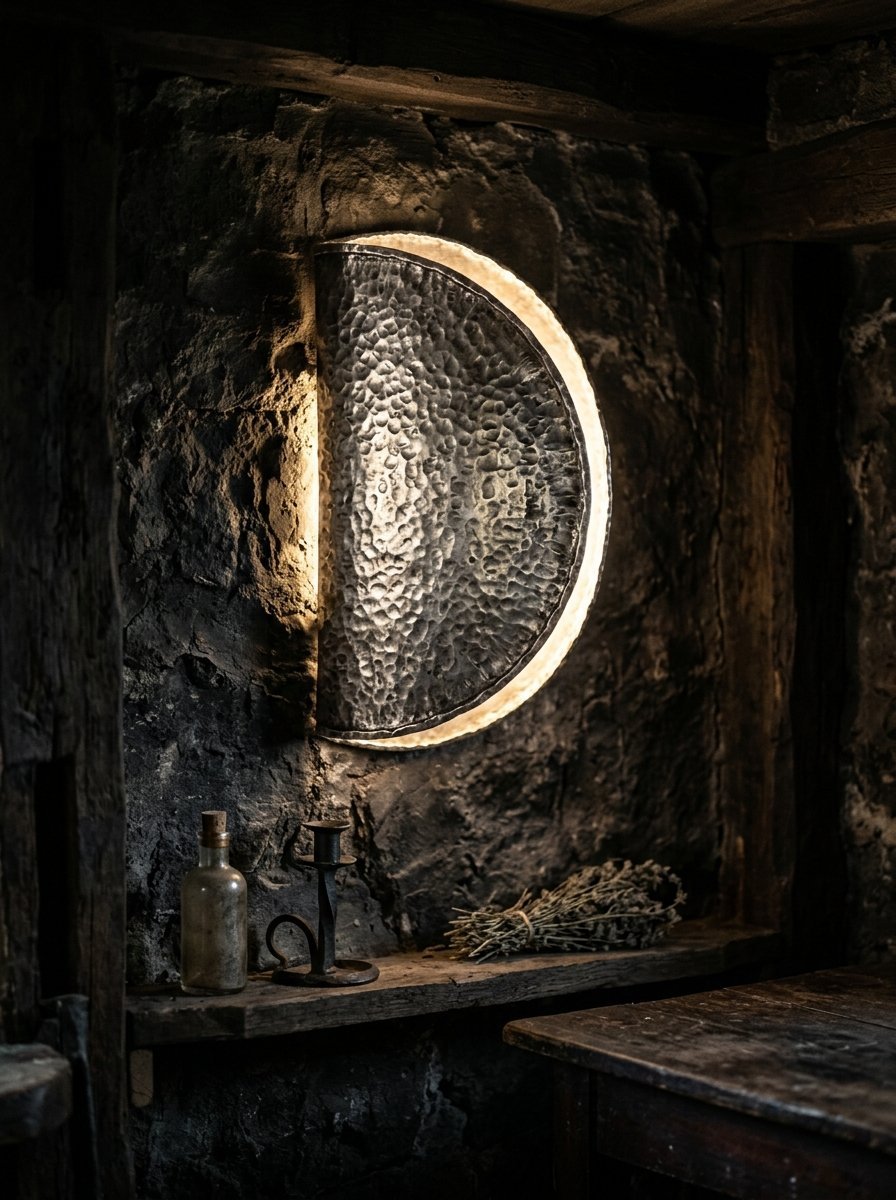 A semi-circular, hammered metal sconce casts warm light on a dark, textured stone wall above a wooden shelf.