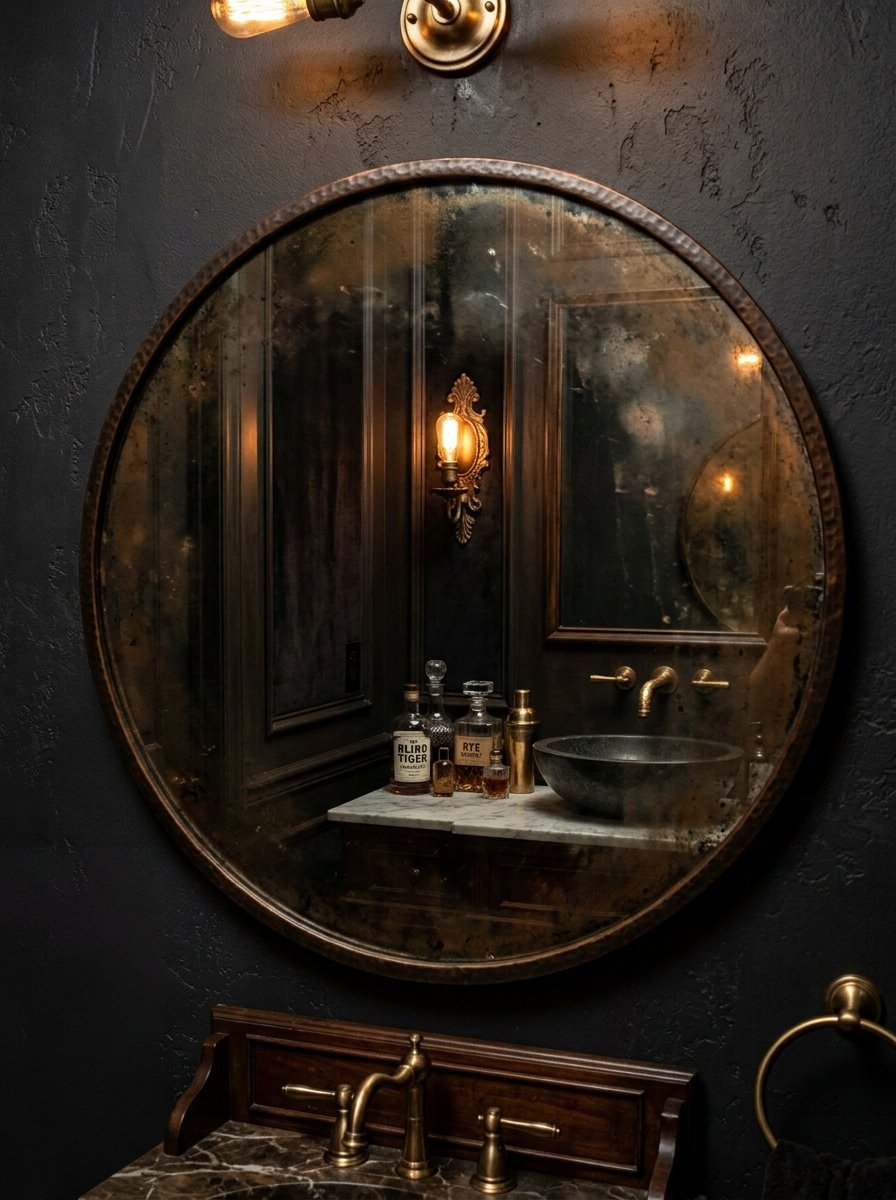 A rustic circular vanity mirror reflecting a dark, elegant bathroom with brass fixtures and whiskey bottles.