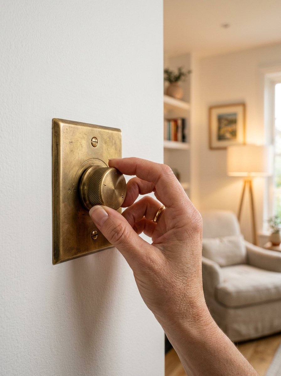 Close up of a person's hand rotating a textured brass dimmer knob mounted on a white wall.