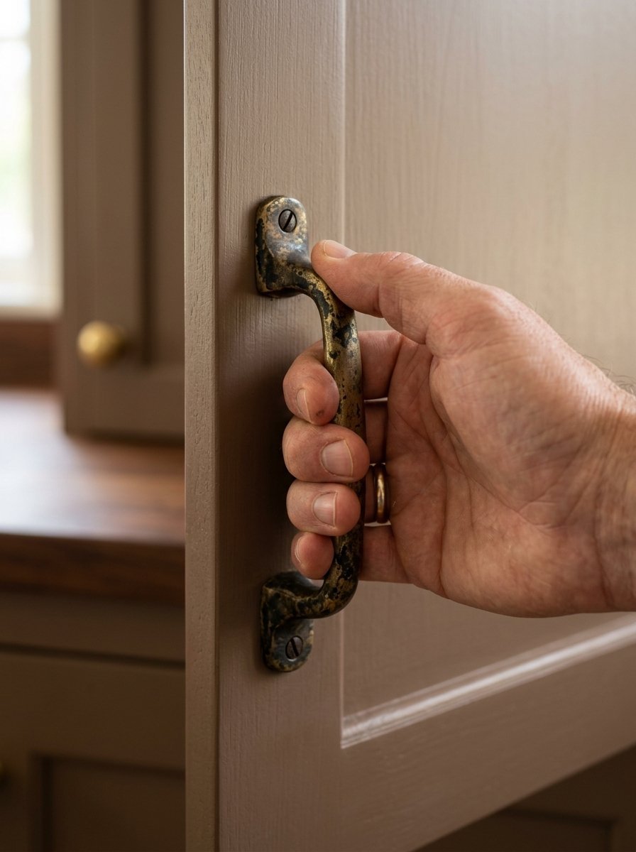 Close-up of a person's hand grasping a rustic bronze handle attached to a light brown cabinet door.