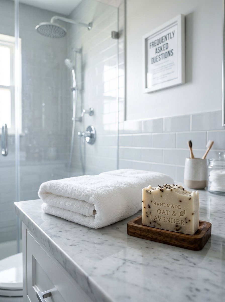 A bar of handmade oat and lavender soap sits on a wood dish next to a white towel on a marble bathroom counter.