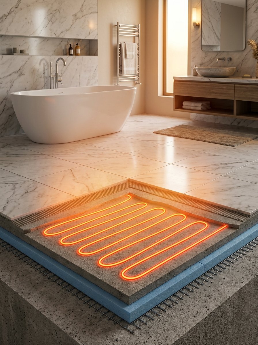 Cutaway view of a bathroom floor revealing glowing orange radiant heating tubes beneath white marble flooring.