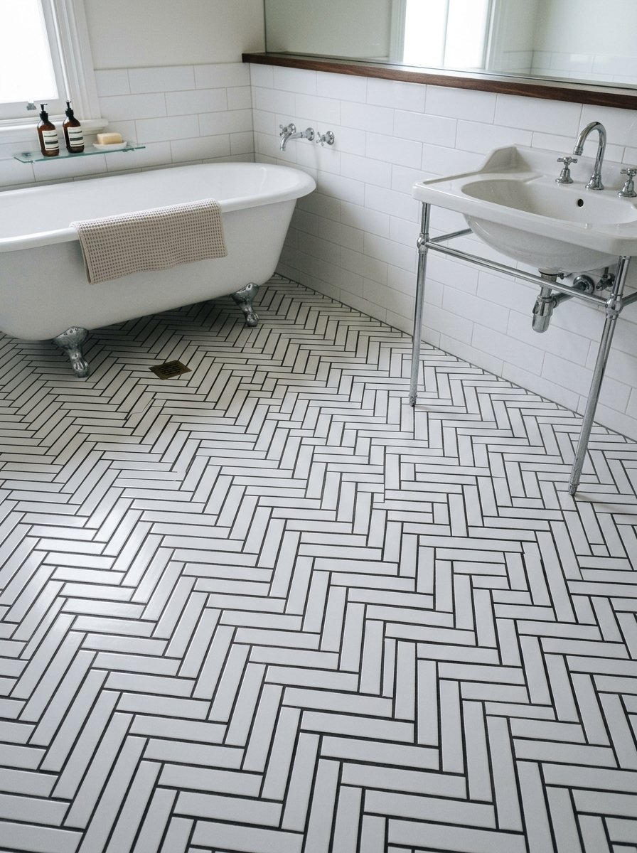 White bathroom with black and white herringbone floor tiles, vintage tub, and chrome pedestal sink.