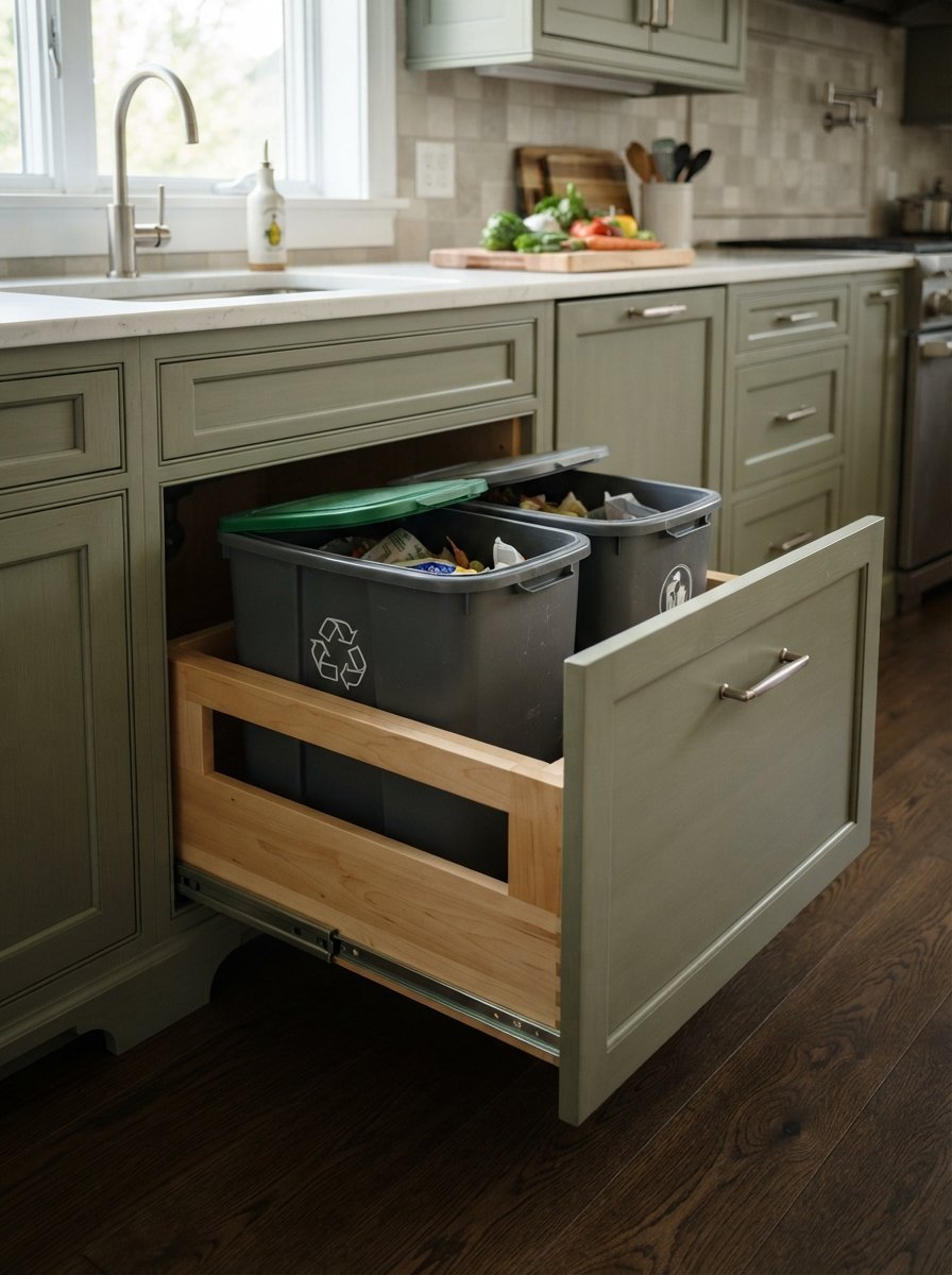 A kitchen drawer pulled open to reveal two plastic garbage and recycling bins inside a custom wooden frame.
