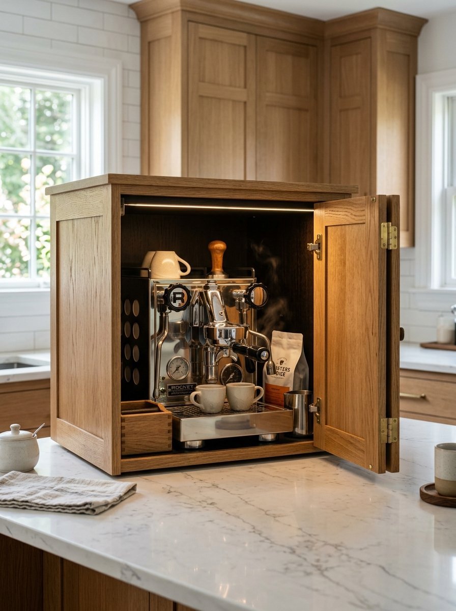 Espresso machine with steaming wand inside an open light oak kitchen appliance garage on a marble countertop.