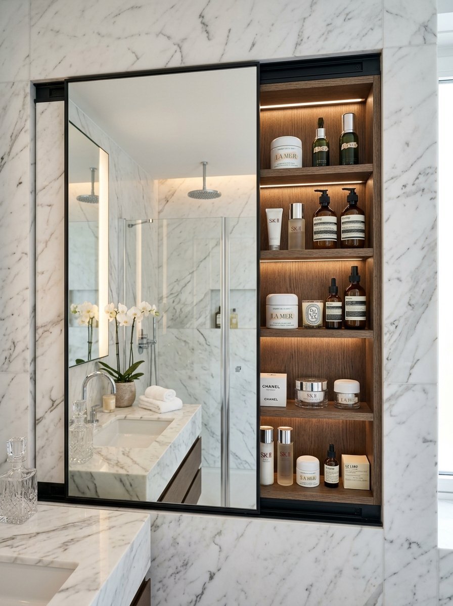 A sliding mirror reveals recessed, lit wooden shelves filled with luxury skincare products in a marble bathroom.