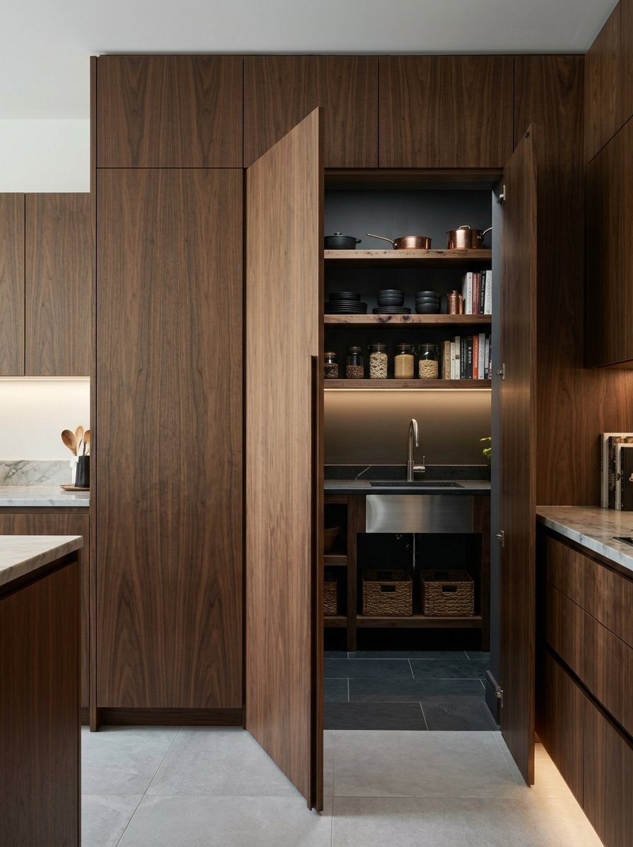 Modern walnut kitchen cabinets with an open door revealing a small prep sink, pantry shelves, and storage baskets.