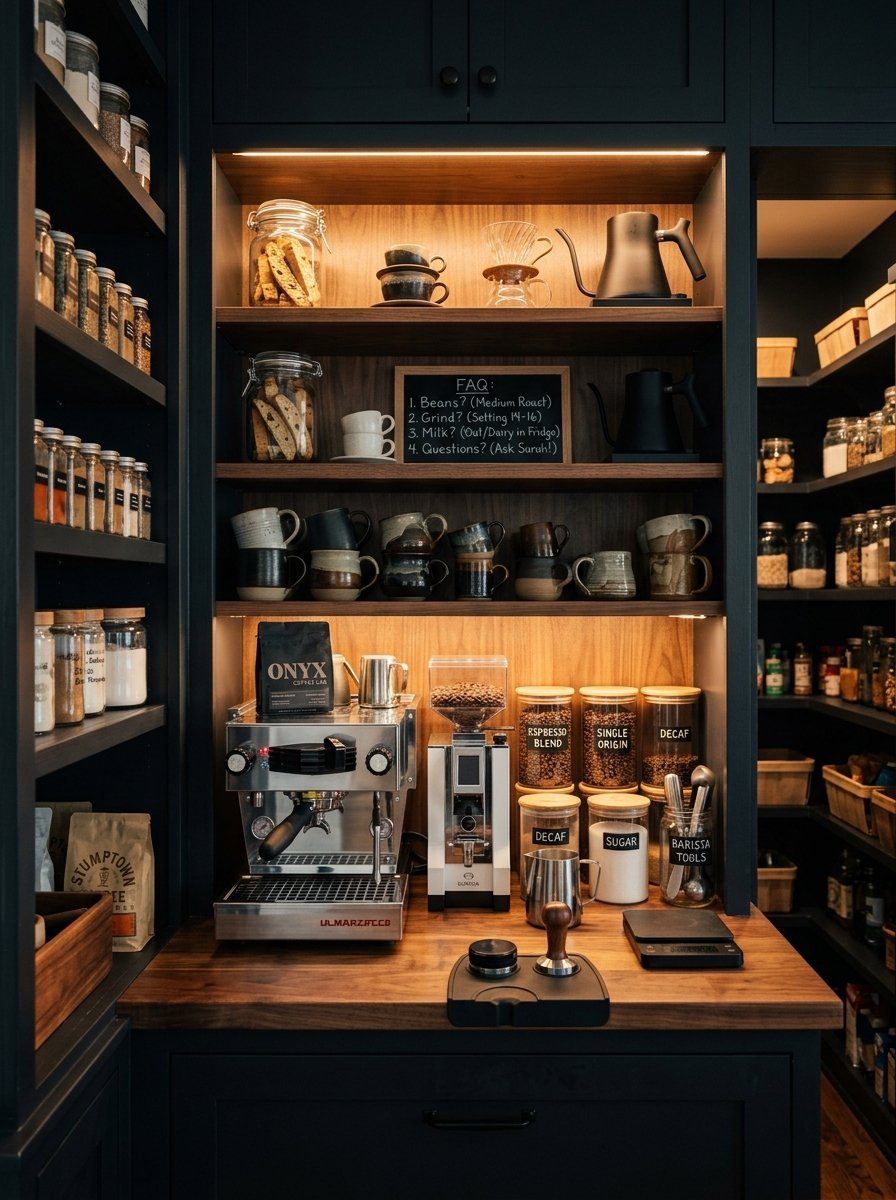 Espresso machine, grinder, and ceramic mugs arranged on illuminated wooden shelving within a black kitchen pantry.