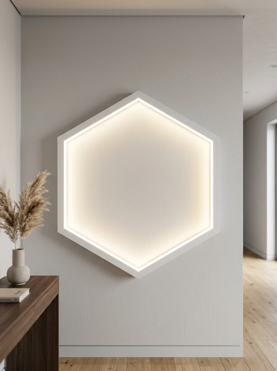 Glowing hexagon light fixture mounted on a minimalist living room wall next to a dried flower vase.