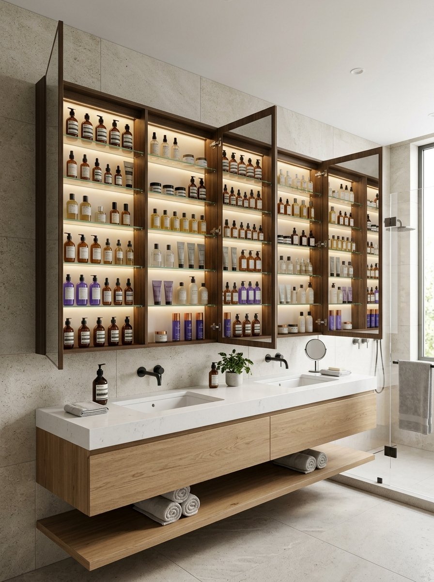 Floating wooden vanity with stone countertop and extensive wall-mounted medicine cabinets full of skincare products.