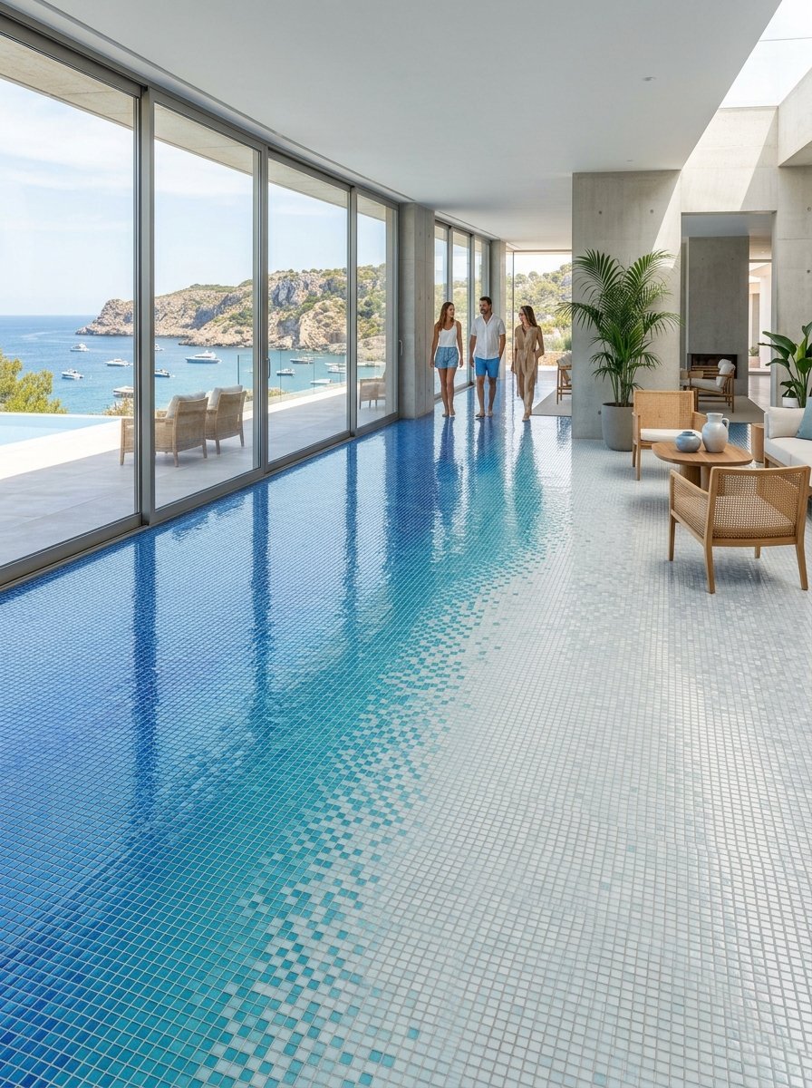 People walking on a deck next to a blue gradient mosaic tiled indoor pool overlooking a coastal bay.