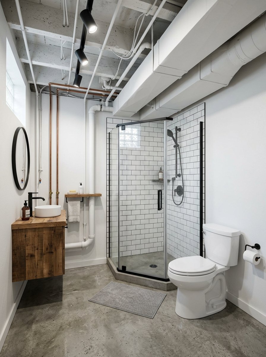 A rustic industrial bathroom featuring a white subway tile shower, wood vanity, and exposed ceiling ductwork.