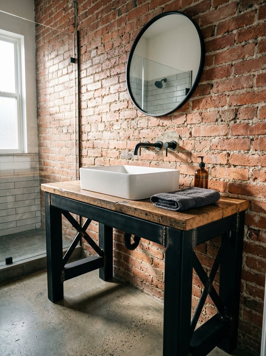 Modern bathroom sink with matte black faucet mounted on a metal and reclaimed wood base against a brick wall.