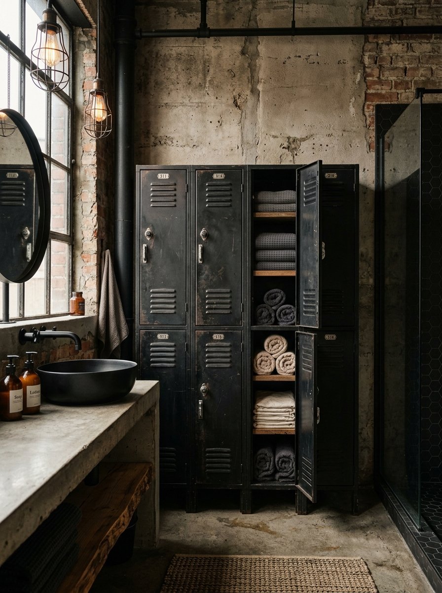 A rustic bathroom with black steel gym lockers holding neatly folded towels next to a concrete sink and brick walls.