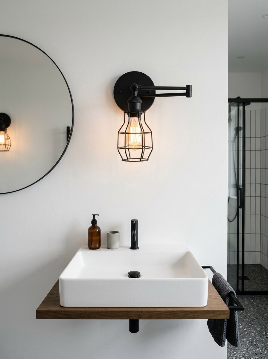 A black metal cage light fixture mounted on a white wall above a minimalist square sink and timber shelf.