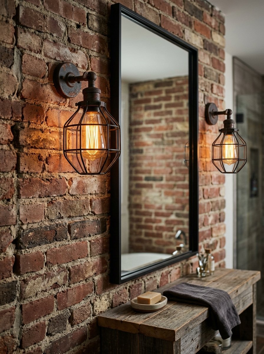 Two vintage wire cage sconces glowing beside a black-framed mirror over a reclaimed wood vanity.