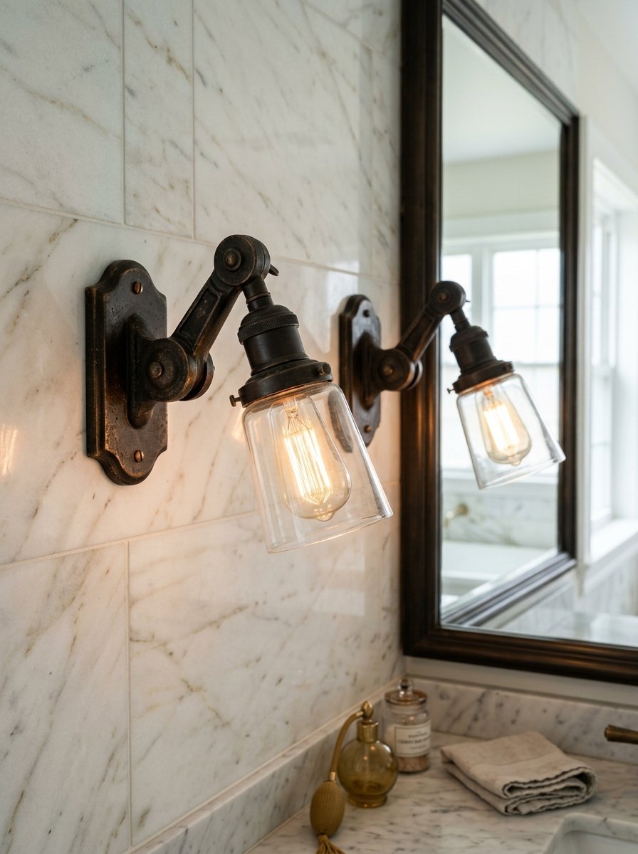 Bronze metal swing-arm light fixture with exposed bulb reflecting in a bathroom vanity mirror.